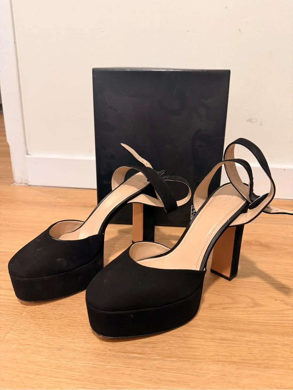 Saks Fifth Avenue Black Suede Platform Slingback Heels